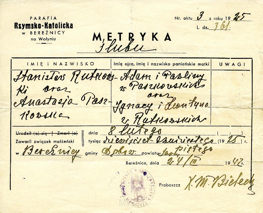 KKE 3510.jpg - Metryka Ślubu Stanisława Rutkowskiego z Anastazją Paszkowską, Berżnica, 1925 r.